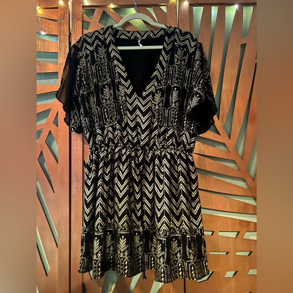 Free People black and gold silver metallic v-neck mini dress tie waste
